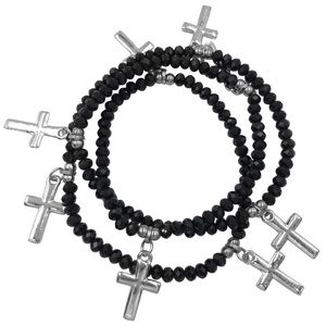 Black Glass Stretch Wrap Christian Cross Dangle Charms Bracelet or Necklace